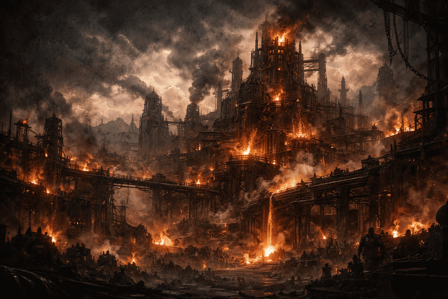 Vue panoramique d’une forteresse industrielle gigantesque, traversée de feu, de fumée et de structures métalliques.
