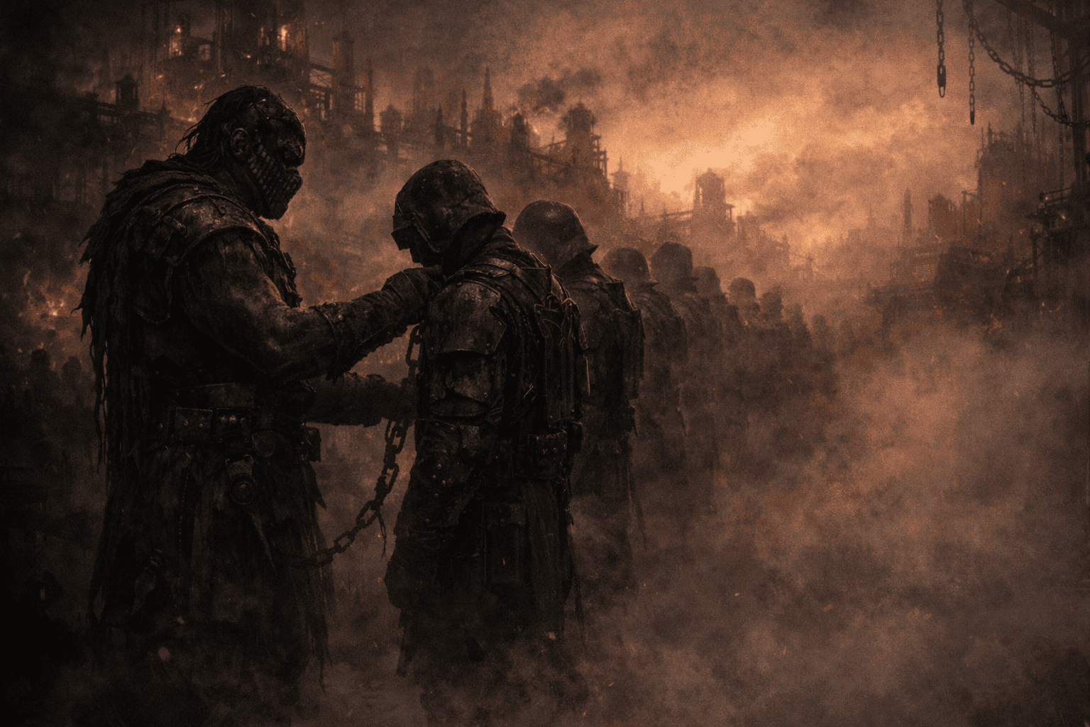Scène à l’aube: un capitaine inspecte l’équipement d’un soldat dans une file, sous une lumière orangée et une brume de cendres.