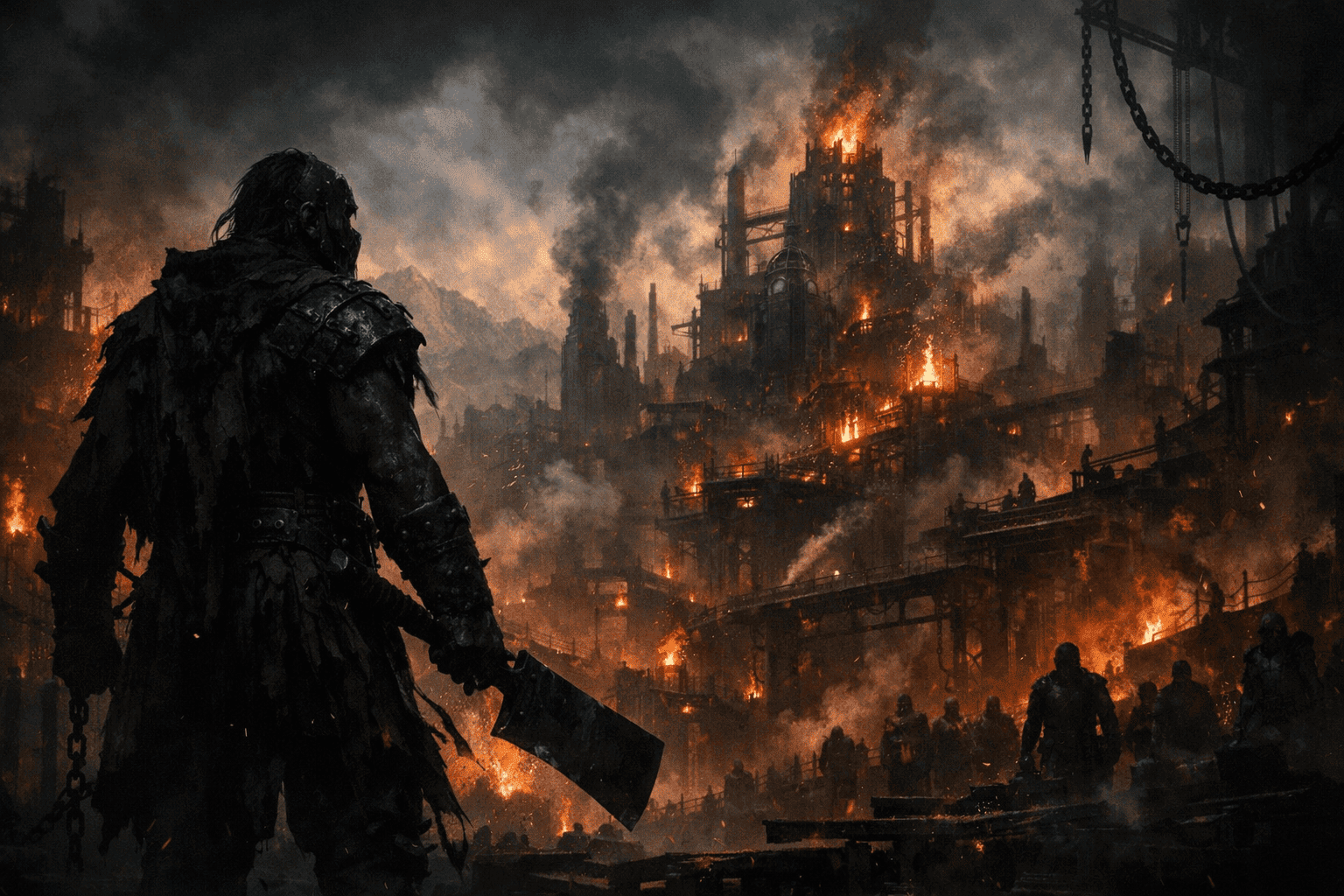 Silhouette d’un guerrier en armure face à une citadelle-usine en flammes, noyée dans la fumée.