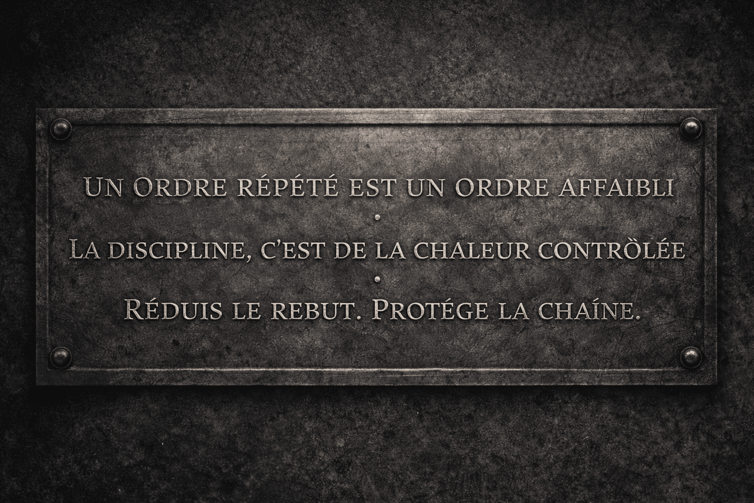 Plaque de métal usée avec trois maximes en français gravées au centre.