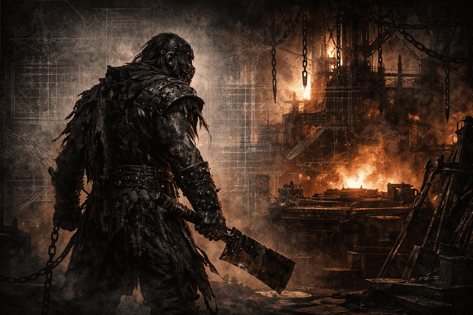 Portrait d’un chef de guerre dans une forge industrielle, avec des schémas techniques superposés en arrière-plan.