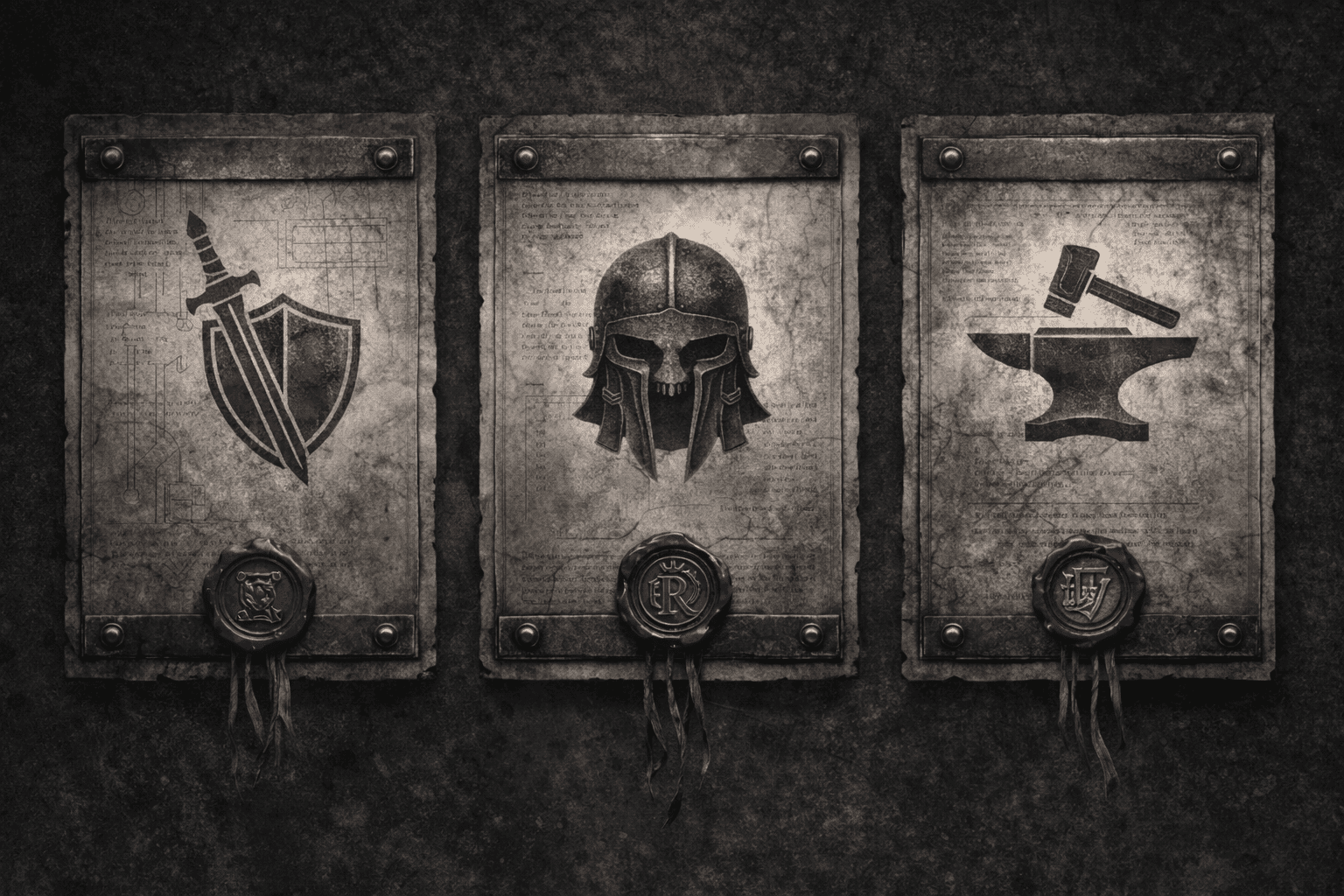 Triptyque de trois panneaux de parchemin rivetés, scellés de cire rouge, avec symboles d’équipement et d’atelier.